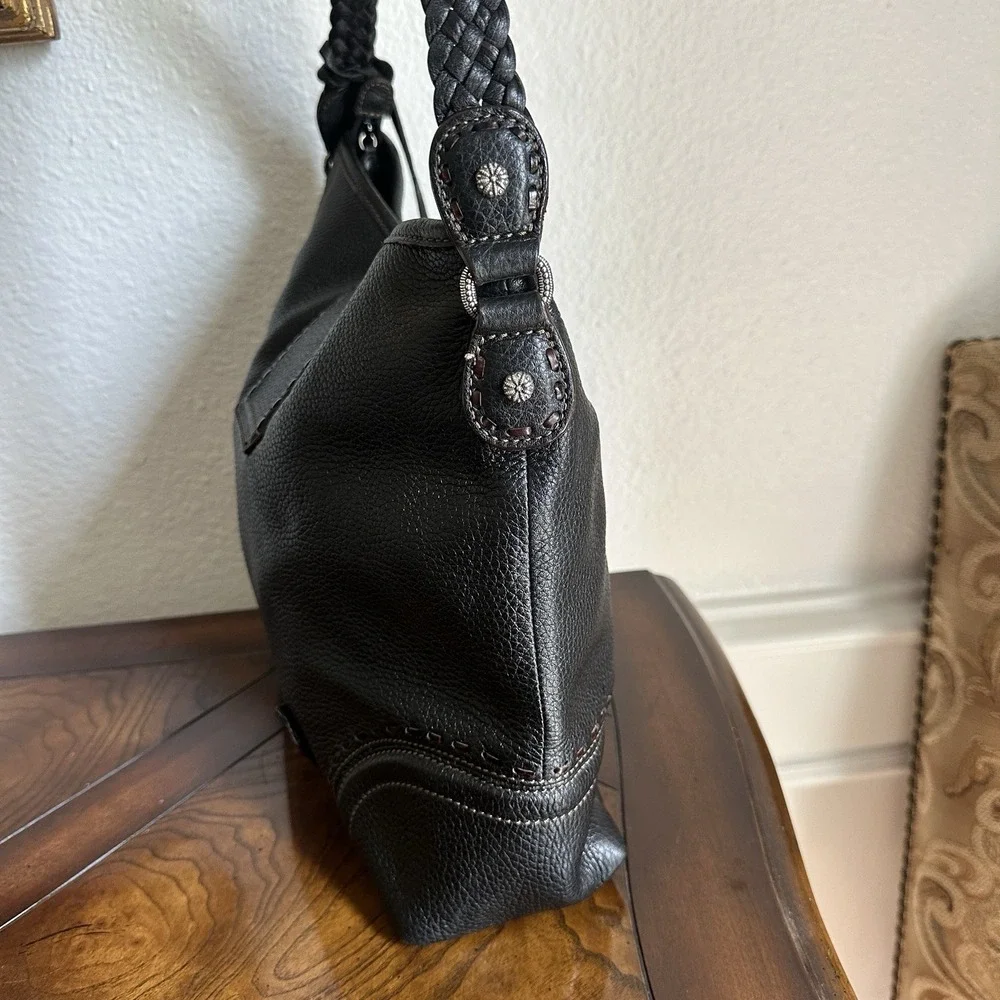VTG Brighton Leather Handbag‎ Purse 11x14 Inch Black Woven Handle Buckle Accent